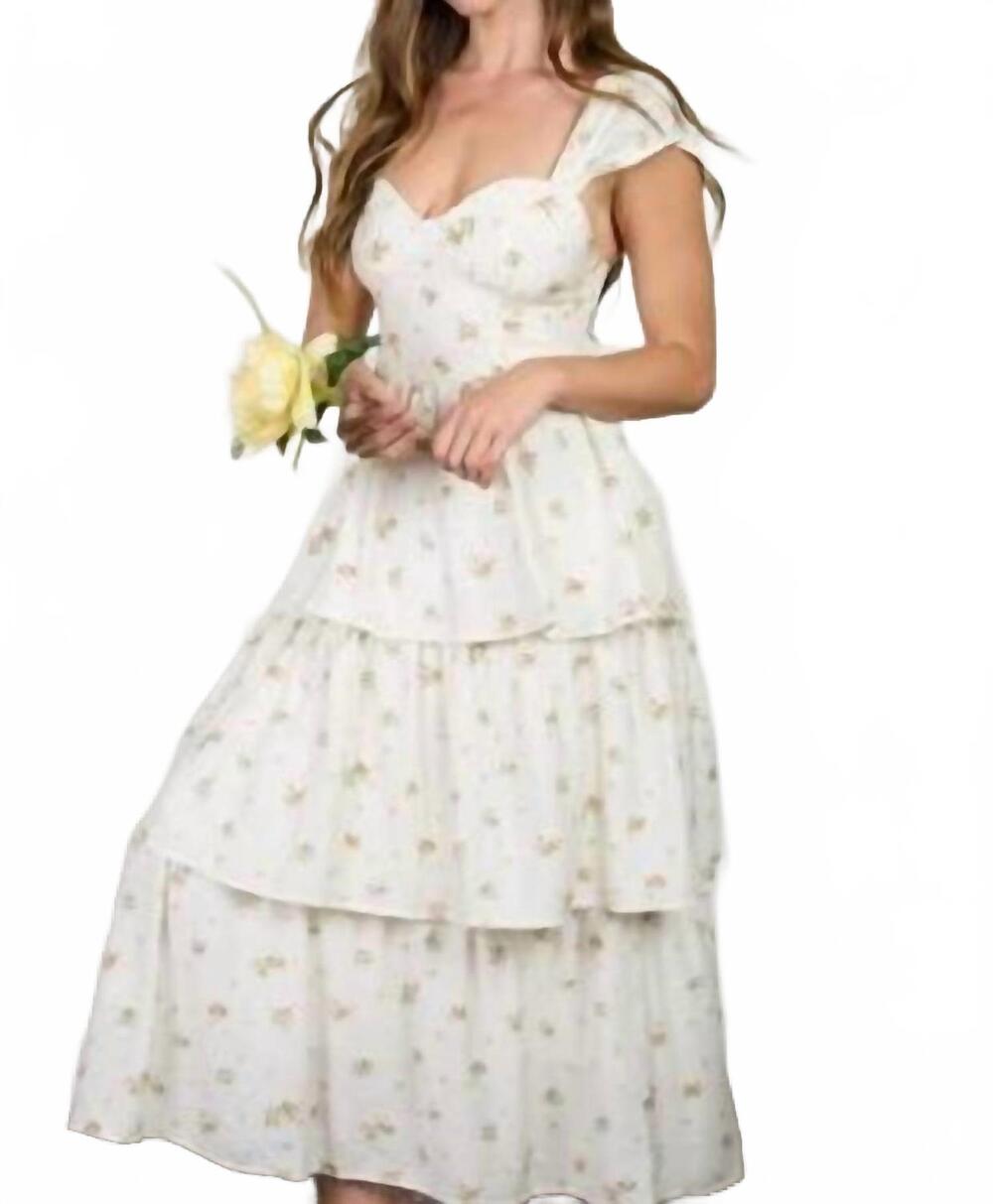 NEW AUGUST SKY floral ruffle tiered sleeveless midi dress in cream